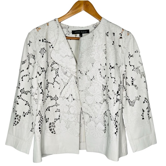 Anne Klein Jackets & Blazers - Anne Klein White Laser-Cut Floral Leather Jacket